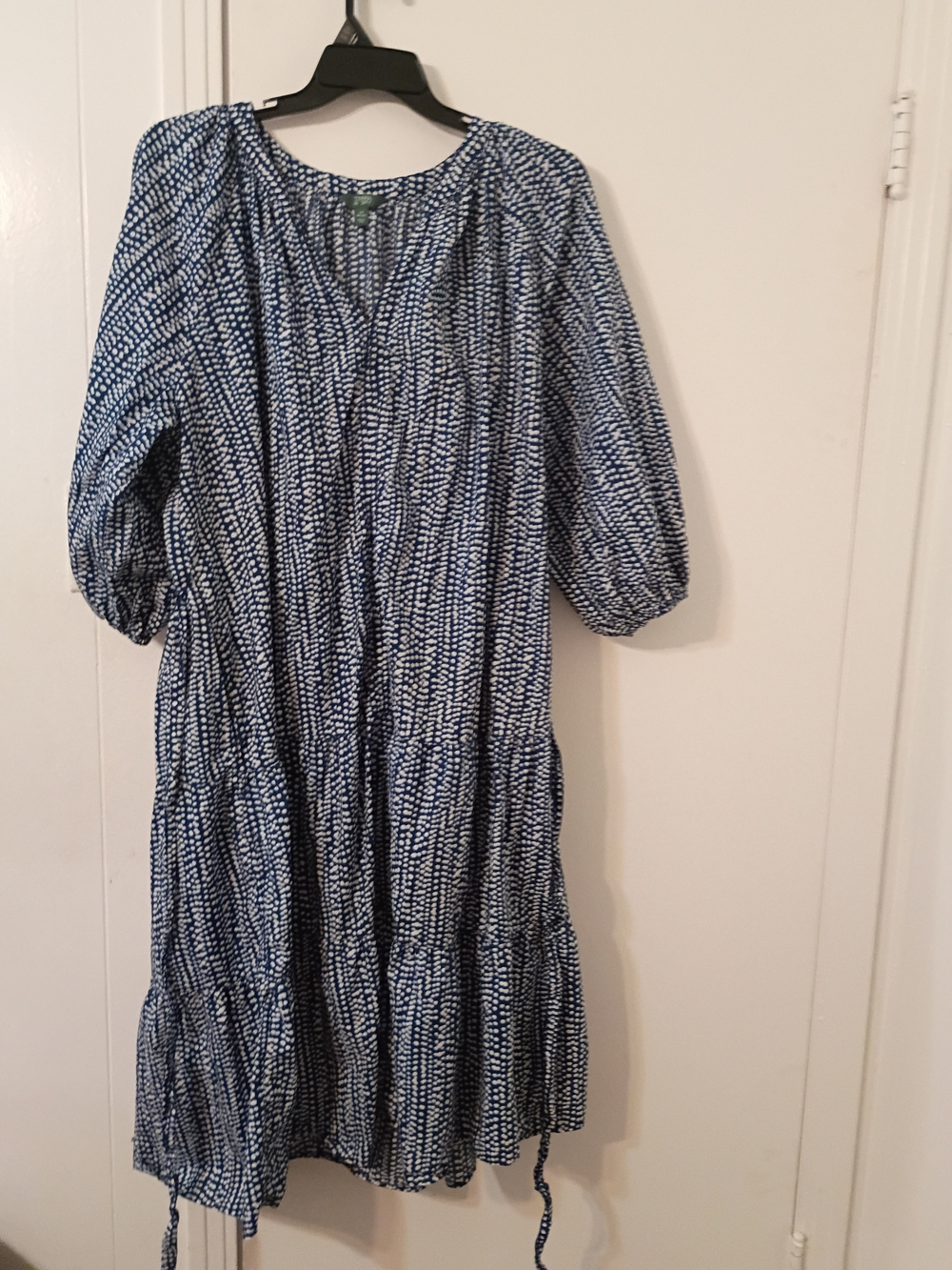 Terra & Sky Navy and White Printed Tiered Midi Dress with Puff Sleeves
